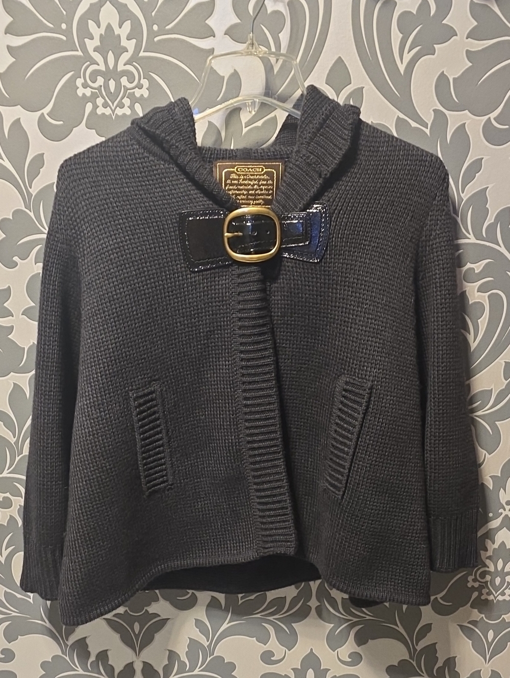 Vintage Coach Womens Charcoal Gray Hooded Knit Cape Cardigan with Gold Buckle
